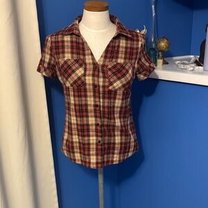 Allegra K Red and Tan Plaid Button-Down Shirt